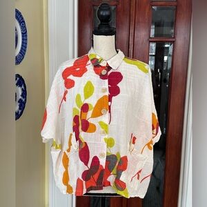 Mona Lisa | Lagenlook Cotton Botton Up Vibrant Abstract Floral Print Shirt, OS